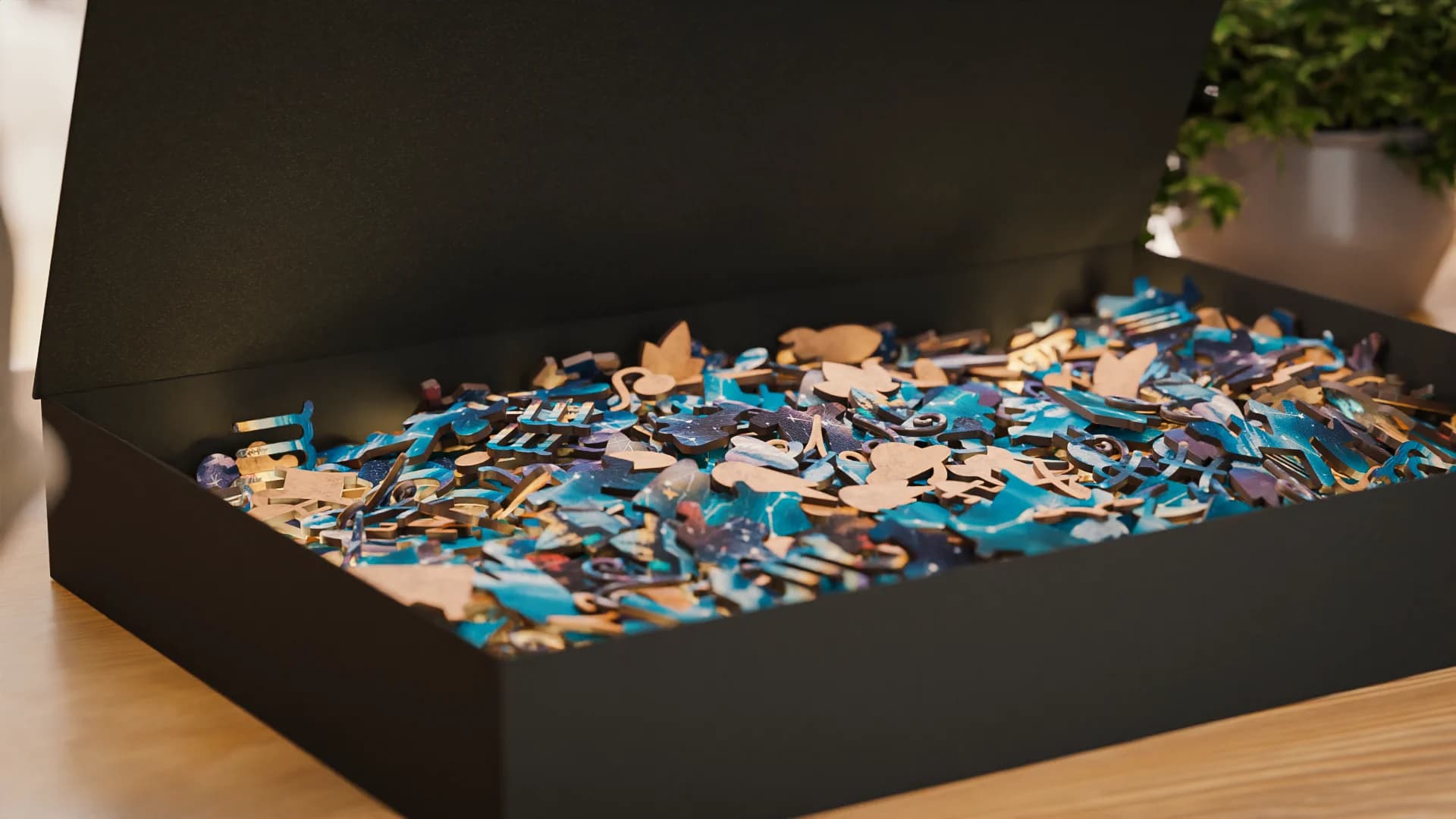 Caja abierta con las piezas de Mosaic Puzzles
