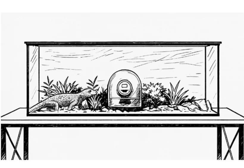Alimentador automático instalado dentro de un terrario