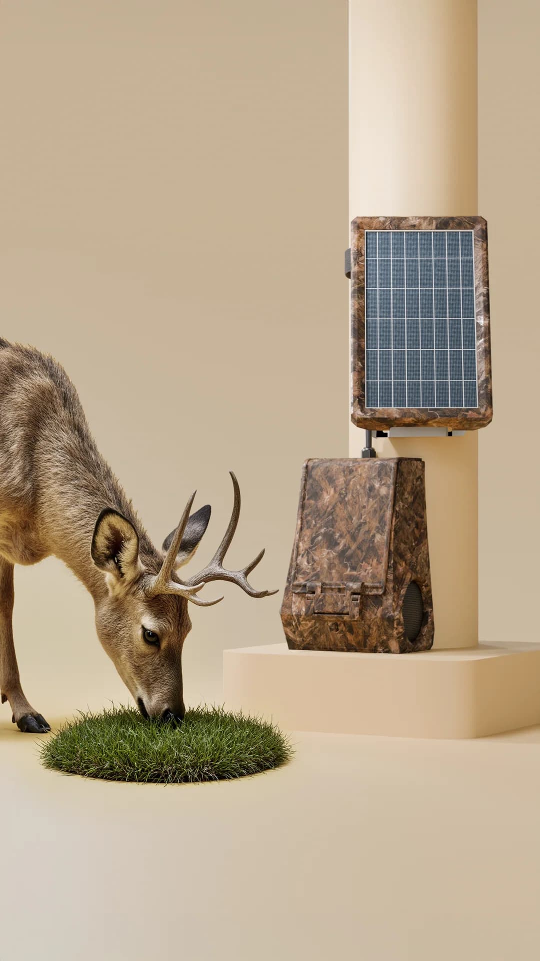 Altavoz solar para fauna junto a un venado en un entorno exterior